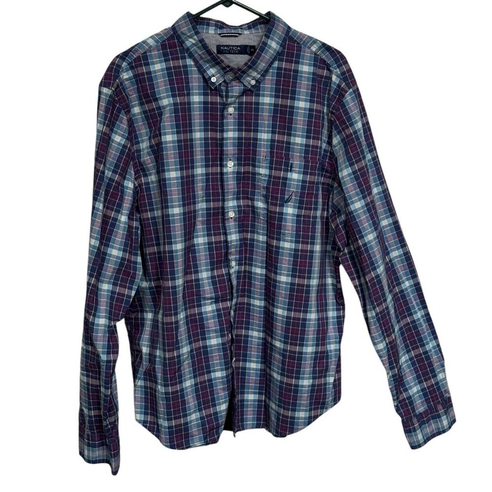 Nautica NavTech Plaid Long Sleeve Front Button Shirt 2XL XXL Office Career Mens